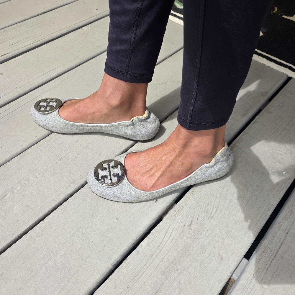 Tory Burch Silver Flannel Logo-Embellished Ballet Flats